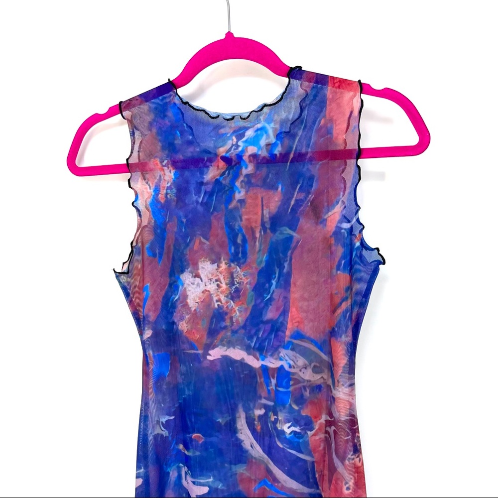 Small Blue Marble Print Lettuce Trim Mesh Dress - Picture 6 of 7